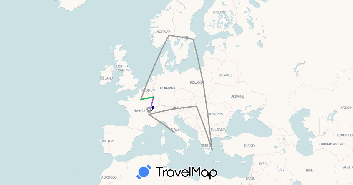 TravelMap itinerary: driving, bus, plane, train in France, Greece, Hungary, Italy, Norway, Poland, Sweden (Europe)
